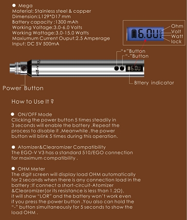 MEGA BATERIE SLB EGO-V V3 1300mah cu voltaj si putere variabila - imagine 4